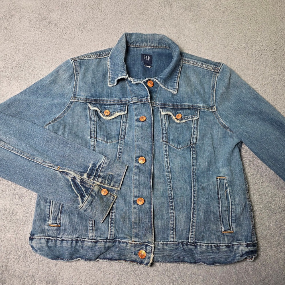 GAP Women XL Denim Trucker Jacket Blue Distressed Medium Wash 4-Pocket Y2K Vtg